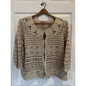 Chicos Crochet Cardigan 3/4 Sleeve Galina Glimmer Champagne Size 2 XL